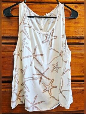 Roxy Starfish Print Button-Back Tank Top – Size M – Cream/Brown
